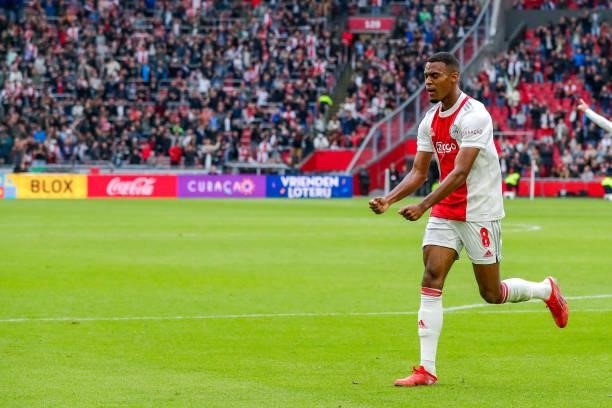 Ryan Gravenberch of Ajax is celebrating his goal during the Dutch Eredivisie match between Ajax and Vitesse at Johan Cruijff ArenA on August 29, 2021...