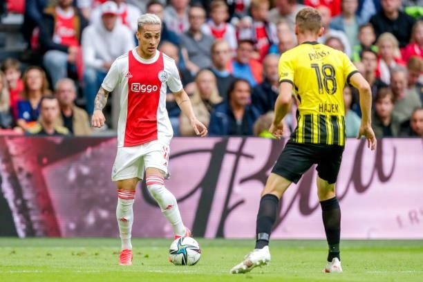 Antony of Ajax, Tomas Hajek of Vitesse during the Dutch Eredivisie match between Ajax and Vitesse at Johan Cruijff ArenA on August 29, 2021 in...