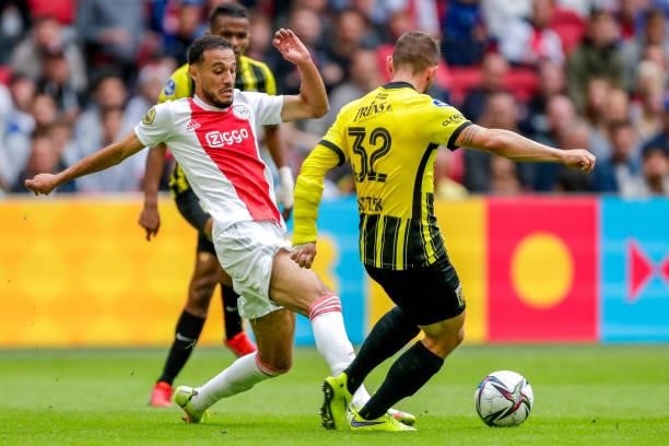 Noussair Mazraoui of Ajax, Maximilian Wittek of Vitesse during the Dutch Eredivisie match between Ajax and Vitesse at Johan Cruijff ArenA on August...