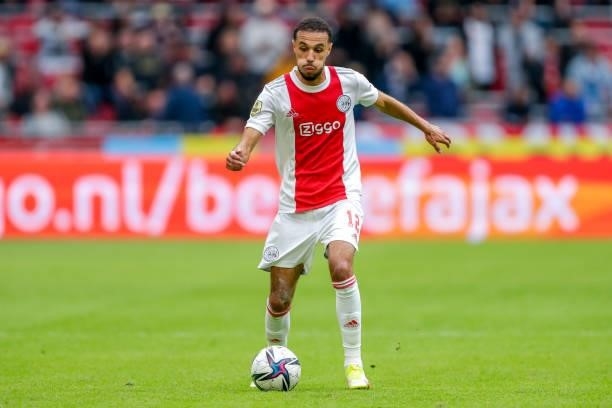 Noussair Mazraoui of Ajax during the Dutch Eredivisie match between Ajax and Vitesse at Johan Cruijff ArenA on August 29, 2021 in Amsterdam,...