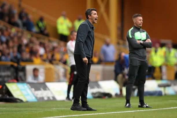 Bruno Lage, Manager of Wolverhampton Wanderers gives instructions to their side during the Premier League match between Wolverhampton Wanderers and...