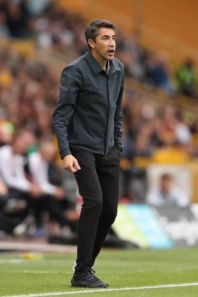 Bruno Lage, Manager of Wolverhampton Wanderers gives instructions to their side during the Premier League match between Wolverhampton Wanderers and...