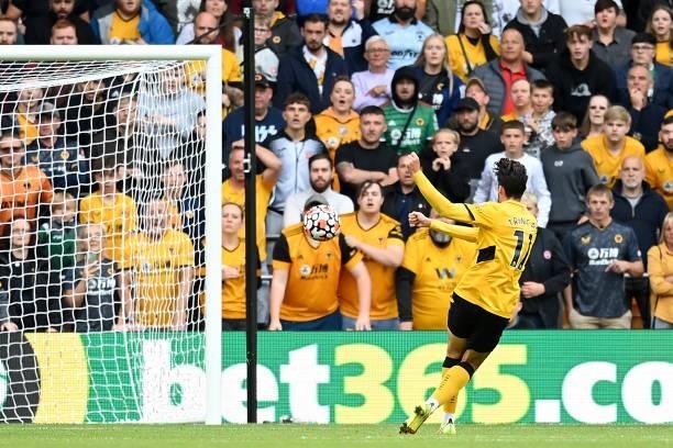 Francisco Trincao of Wolverhampton Wanderers has a shot on goal during the Premier League match between Wolverhampton Wanderers and Manchester United...