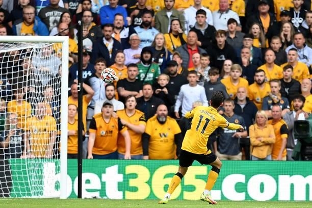 Francisco Trincao of Wolverhampton Wanderers has a shot on goal during the Premier League match between Wolverhampton Wanderers and Manchester United...