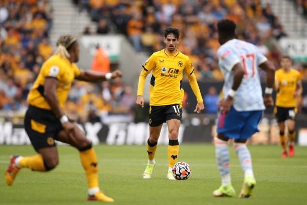 Francisco Trincao of Wolverhampton Wanderers runs with the ball during the Premier League match between Wolverhampton Wanderers and Manchester United...