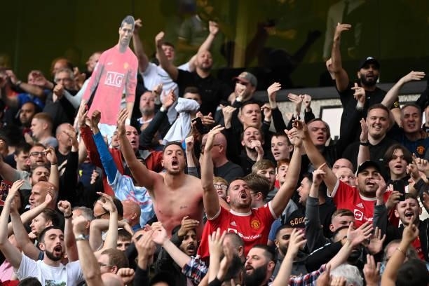 Fans of Manchester United look on during the Premier League match between Wolverhampton Wanderers and Manchester United at Molineux on August 29,...