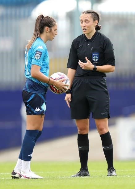 Match Referee, Lauren Impey interacts with Harley Bennett of London City Lionesses during the Barclays FA Women's Championship match between...