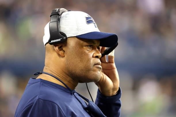 Defensive Coordinator Ken Norton Jr. Of the Seattle Seahawks looks on in the second quarter during the NFL preseason game against the Los Angeles...