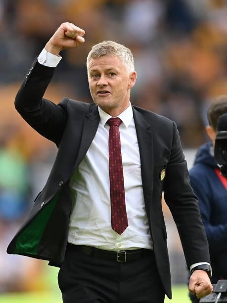 Ole Gunnar Solskjaer, Manager of Manchester United celebrates following the Premier League match between Wolverhampton Wanderers and Manchester...