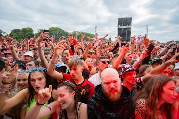 General view of the crowd while The Kid Laroi performs on the main stage during Leeds Festival 2021 at Bramham Park on August 29, 2021 in Leeds,...