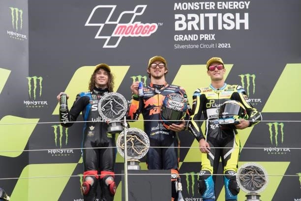 Marco Bezzecchi of Italy and Sky Racing Team VR46, Remy Gardner of Australia and Red Bull KTM Ajo and Jorge Navarro of Spain and MB Conveyors Speed...