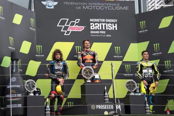 Marco Bezzecchi of Italy and Sky Racing Team VR46, Remy Gardner of Australia and Red Bull KTM Ajo and Jorge Navarro of Spain and MB Conveyors Speed...