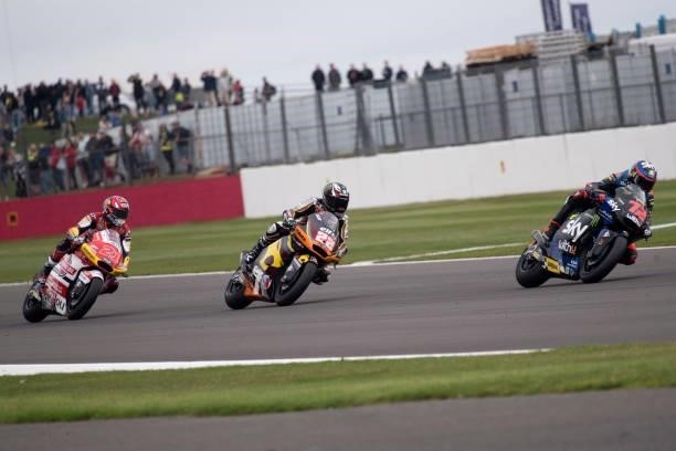 Marco Bezzecchi of Italy and Sky Racing Team VR46 leads the field during the Moto2 race during the MotoGP of Great Britain - Race at Silverstone...