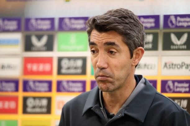 Bruno Lage, Manager of Wolverhampton Wanderers looks on following the Premier League match between Wolverhampton Wanderers and Manchester United at...