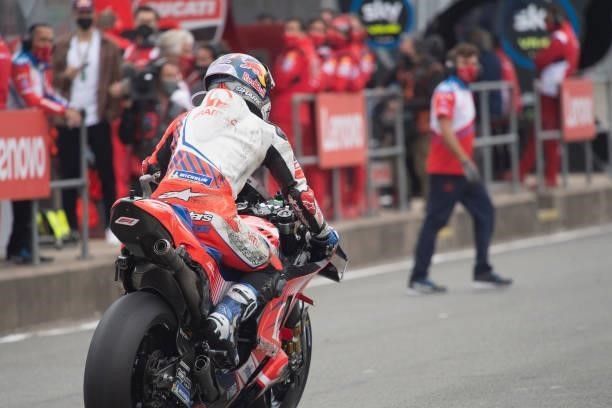 Jorge Martin of Spain and Pramac Racing returns in box after crashed out during the MotoGP race during the MotoGP of Great Britain - Race at...