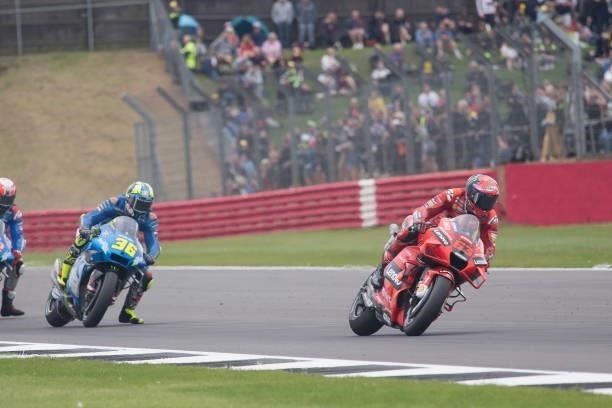 Francesco Bagnaia of Italy and Ducati Lenovo Team leads the field during the MotoGP race during the MotoGP of Great Britain - Race at Silverstone...