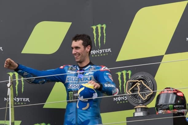 Alex Rins of Spain and Team Suzuki ECSTAR celebrates the second place on the podium during the MotoGP race during the MotoGP of Great Britain - Race...
