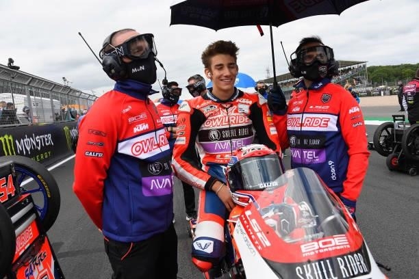 Riccardo Rossi of Italy and Boe Owlride prepares to start on the grid during the Moto3 race during the MotoGP of Great Britain - Race at Silverstone...