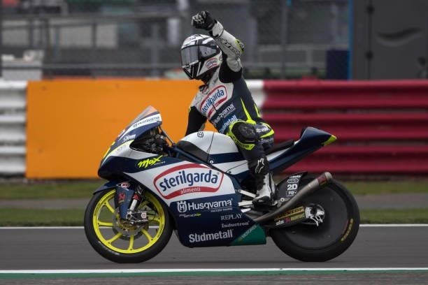 Romano Fenati of Italy and Sterilgarda Max Racing Team celebrates the victory during the Moto3 race during the MotoGP of Great Britain - Race at...