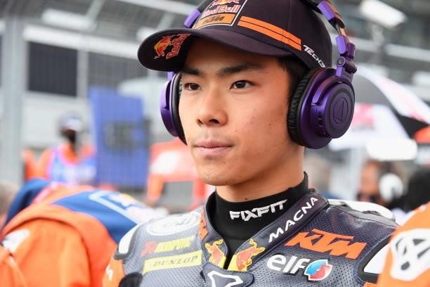 Ayumu Sasaki of Japan and Red Bull KTM Tech3 prepares to start on the grid during the Moto3 race during the MotoGP of Great Britain - Race at...