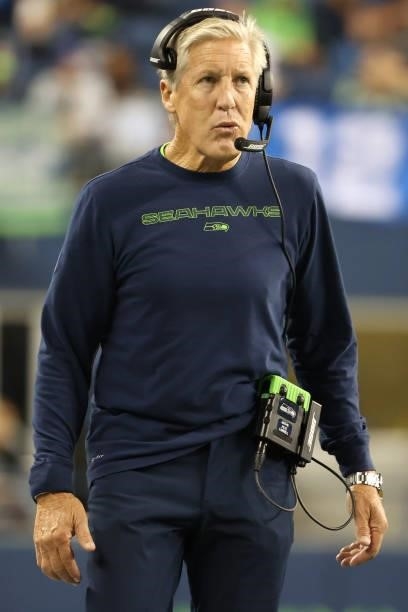 Head Coach Pete Carroll of the Seattle Seahawks looks on in the third quarter against the Los Angeles Chargers during the NFL preseason game at Lumen...