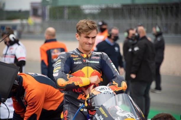 Jaime Masia of Spain and Red Bull KTM Ajo prepares to start on the grid during the Moto3 race during the MotoGP of Great Britain - Race at...