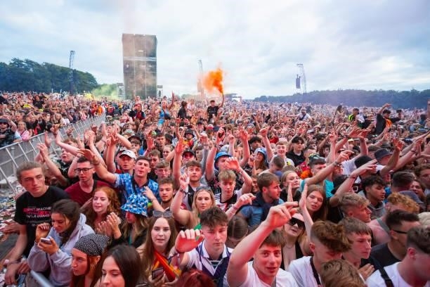 General view of the crowd while Two Door Cinema Club perform on stage during Leeds Festival 2021 at Bramham Park on August 29, 2021 in Leeds, England.