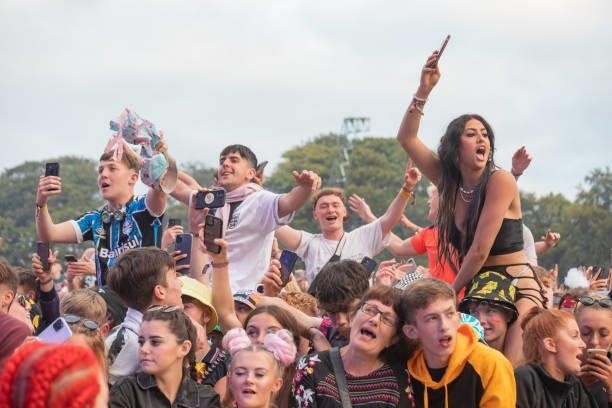 General view of the crowd while Two Door Cinema Club perform on stage during Leeds Festival 2021 at Bramham Park on August 29, 2021 in Leeds, England.