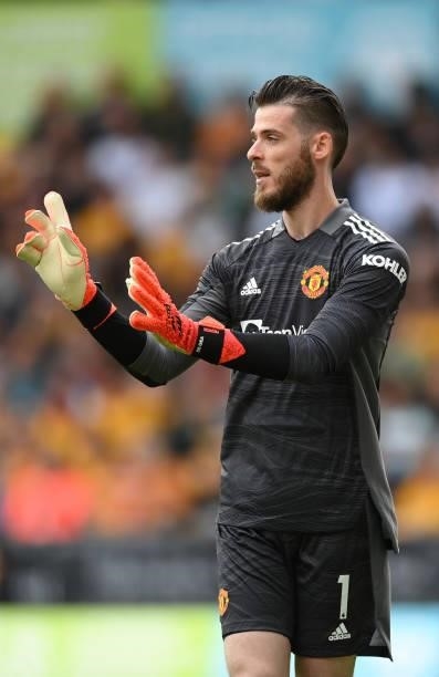 David de Gea of Manchester United looks on during the Premier League match between Wolverhampton Wanderers and Manchester United at Molineux on...