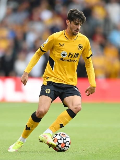 Trincao of Wolves in action during the Premier League match between Wolverhampton Wanderers and Manchester United at Molineux on August 29, 2021 in...