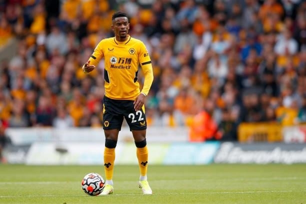 Nelson Semedo of Wolverhampton Wanderers runs with the ball during the Premier League match between Wolverhampton Wanderers and Manchester United at...