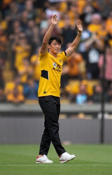 Wolverhampton Wanderers new signing Hee Chan Hwang is unveiled to the fans before the Premier League match between Wolverhampton Wanderers and...