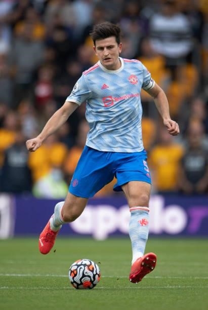 Harry Maguire of Manchester United in action during the Premier League match between Wolverhampton Wanderers and Manchester United at Molineux on...