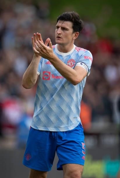 Harry Maguire of Manchester United applauds the fans after the Premier League match between Wolverhampton Wanderers and Manchester United at Molineux...
