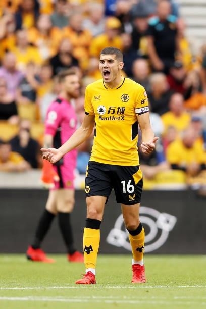 Conor Coady of Wolverhampton Wanderers reacts during the Premier League match between Wolverhampton Wanderers and Manchester United at Molineux on...