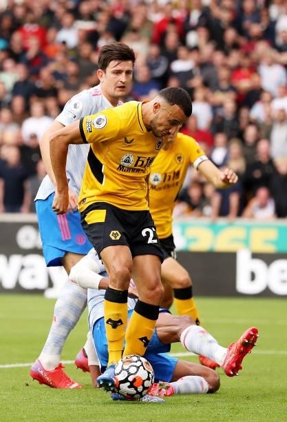 Romain Saiss of Wolverhampton Wanderers shoots during the Premier League match between Wolverhampton Wanderers and Manchester United at Molineux on...