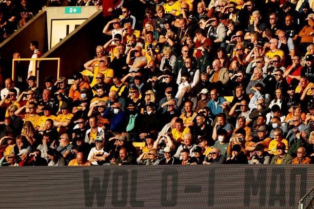 General view of fans during the Premier League match between Wolverhampton Wanderers and Manchester United at Molineux on August 29, 2021 in...