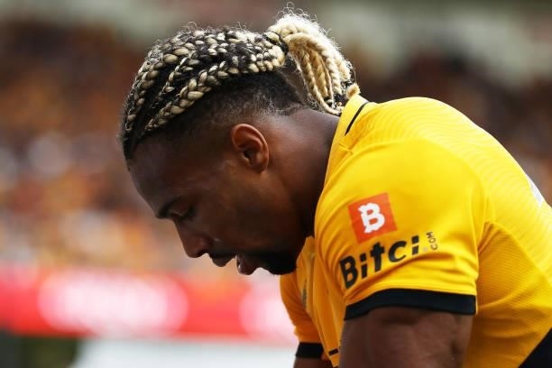 Adama Traore of Wolverhampton Wanderers reacts during the Premier League match between Wolverhampton Wanderers and Manchester United at Molineux on...