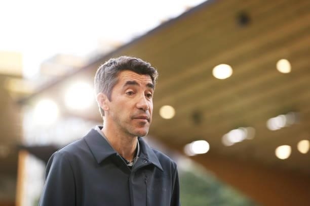 Bruno Lage, Manager of Wolverhampton Wanderers is interviewed following the Premier League match between Wolverhampton Wanderers and Manchester...