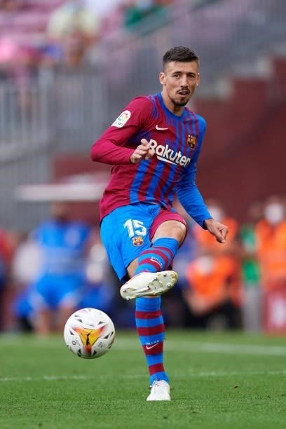 Clement Lenglet of FC Barcelona plays the ball during the La Liga Santander match between FC Barcelona and Getafe CF at Camp Nou on August 29, 2021...