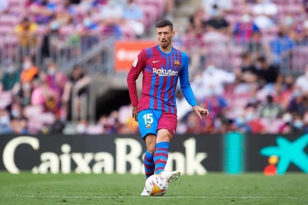 Clement Lenglet of FC Barcelona plays the ball during the La Liga Santander match between FC Barcelona and Getafe CF at Camp Nou on August 29, 2021...
