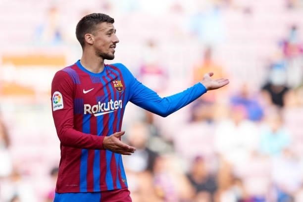 Clement Lenglet of FC Barcelona reacts during the La Liga Santander match between FC Barcelona and Getafe CF at Camp Nou on August 29, 2021 in...