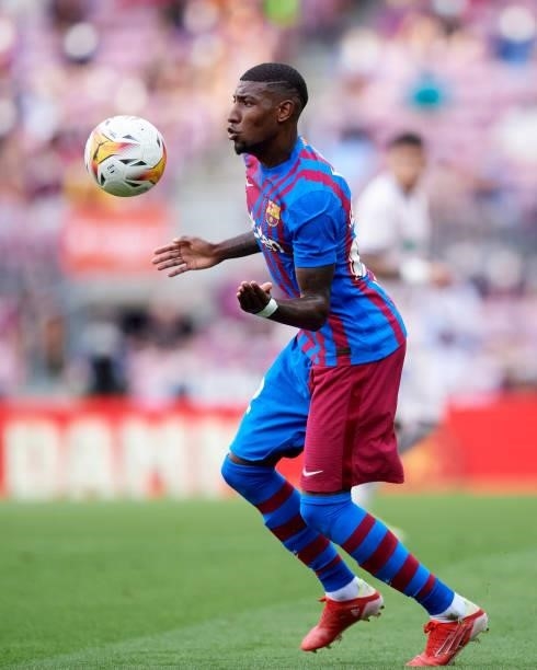 Emerson Royal of FC Barcelona controls the ball during the La Liga Santander match between FC Barcelona and Getafe CF at Camp Nou on August 29, 2021...
