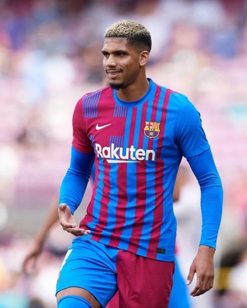 Ronald Araujo of FC Barcelona looks on during the La Liga Santander match between FC Barcelona and Getafe CF at Camp Nou on August 29, 2021 in...