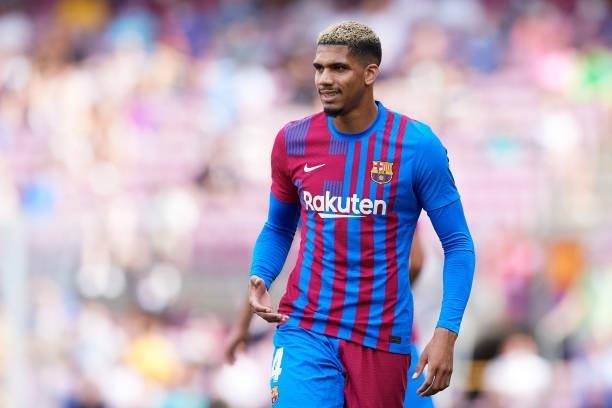 Ronald Araujo of FC Barcelona looks on during the La Liga Santander match between FC Barcelona and Getafe CF at Camp Nou on August 29, 2021 in...