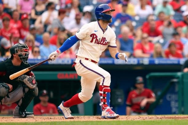 Bryce Harper of the Philadelphia Phillies hits a double against the Arizona Diamondbacks during the seventh inning of a game at Citizens Bank Park on...