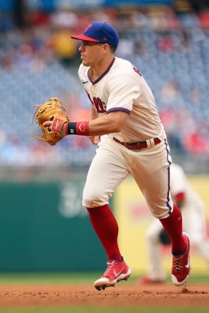 Realmuto of the Philadelphia Phillies makes a start at first base during a game against the Arizona Diamondbacks a game at Citizens Bank Park on...