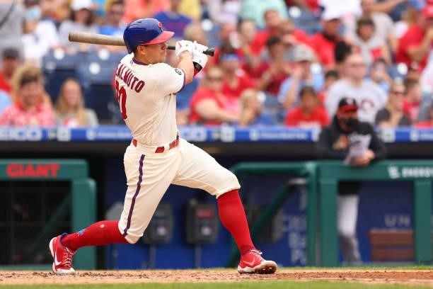 Realmuto of the Philadelphia Phillies in action against the Arizona Diamondbacks during a game at Citizens Bank Park on August 29, 2021 in...