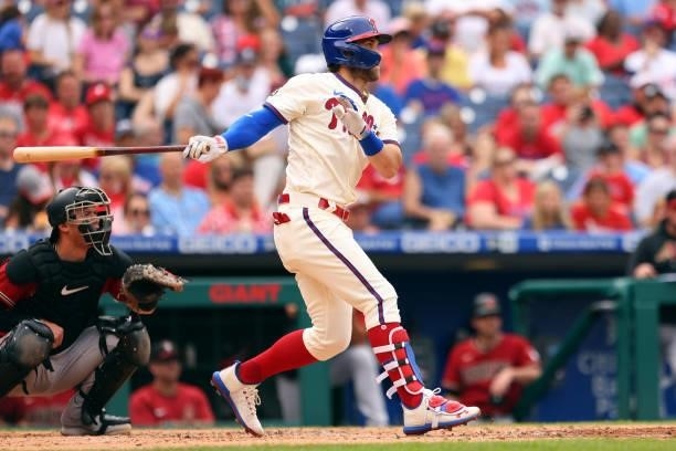 Bryce Harper of the Philadelphia Phillies hits a double against the Arizona Diamondbacks during the seventh inning of a game at Citizens Bank Park on...