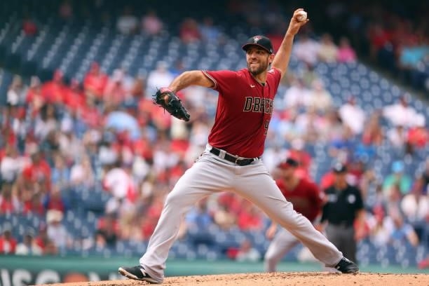 Madison Bumgarner of the Arizona Diamondbacks in action against the Philadelphia Phillies during a game at Citizens Bank Park on August 29, 2021 in...